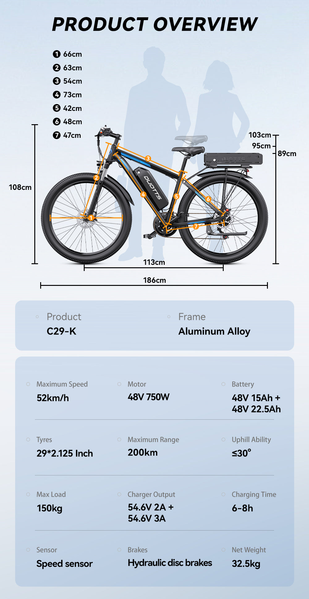 DUOTTS C29K Dual Battery (37.5Ah) Hydraulic Brakes 29" Wheels Electric Bike