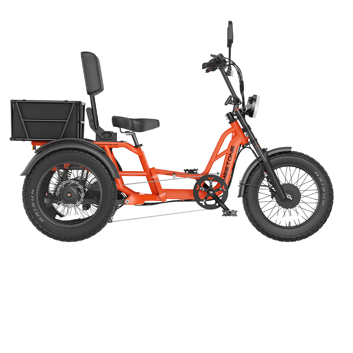 Orange Meet One Tour 2.0 semi-recumbent electric trike with rear cargo box.