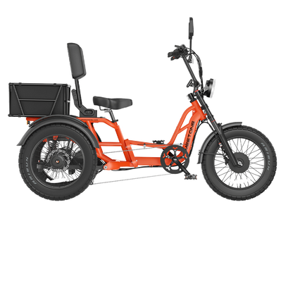 Orange Meet One Tour 2.0 semi-recumbent electric trike with rear cargo box.