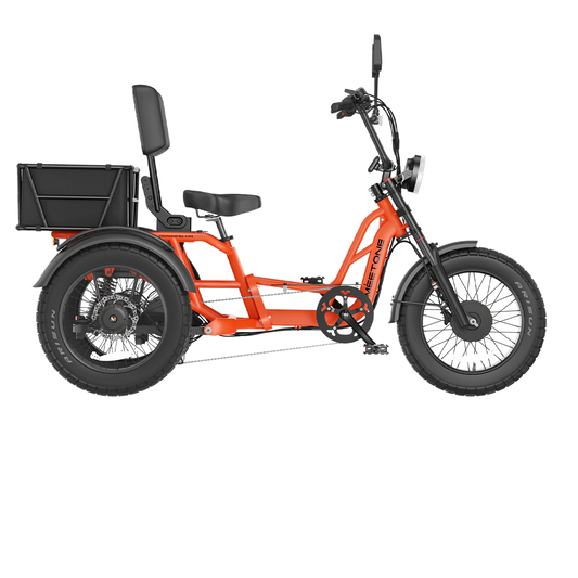 Orange Meet One Tour 2.0 semi-recumbent electric trike with rear cargo box.