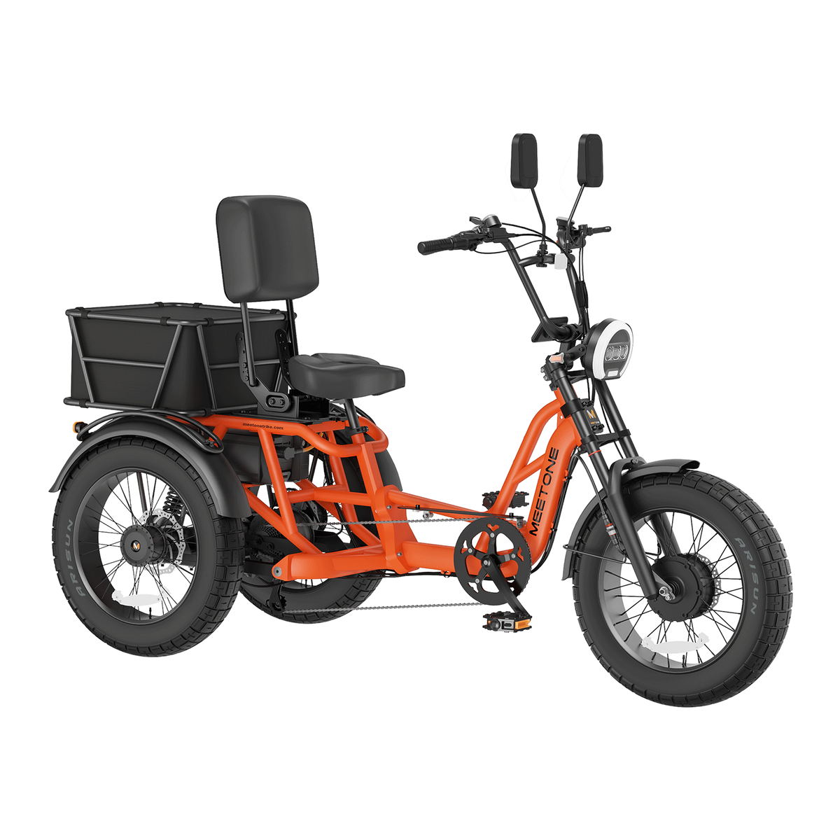 Side profile of the Meet One Tour 2.0 electric trike showing frame and cargo box.