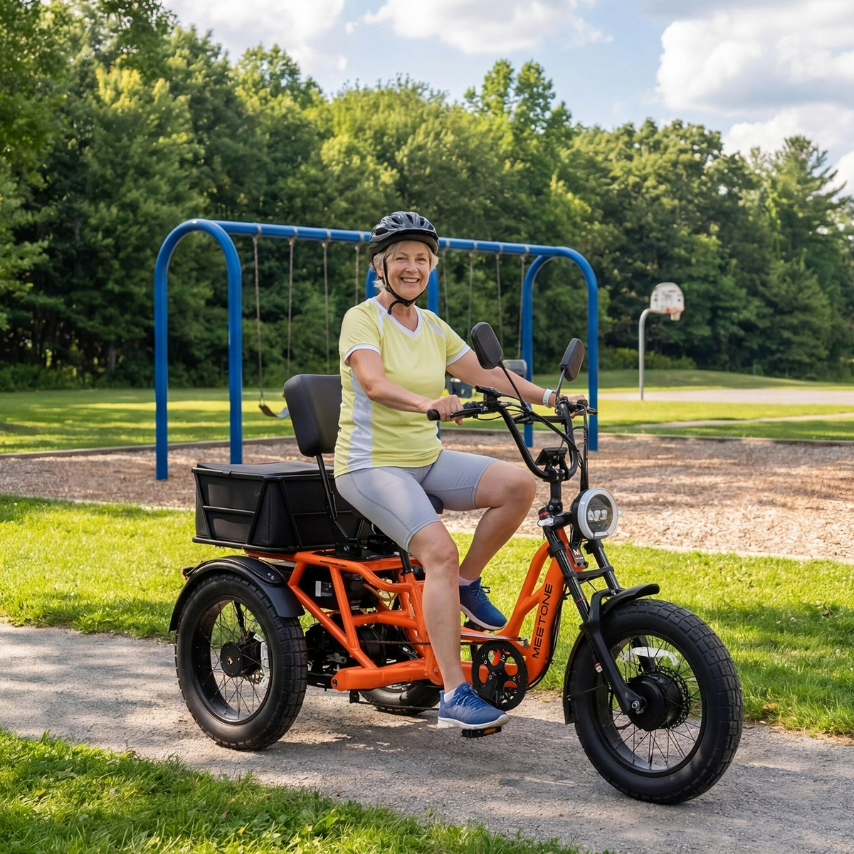 Woman test riding the orange Meet One Tour 2.0 electric trike with canopy.