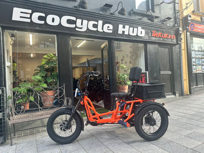 Meet One Tour 2.0 electric trike parked outside EcoCycle Hub store in Wexford.